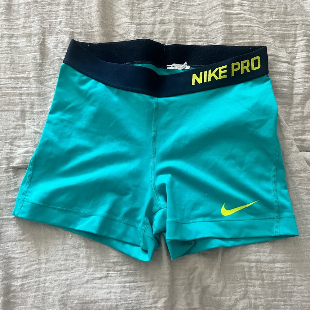 Nike Pro Women's 3" Shorts Turquoise and Lime Green Details Size Medium